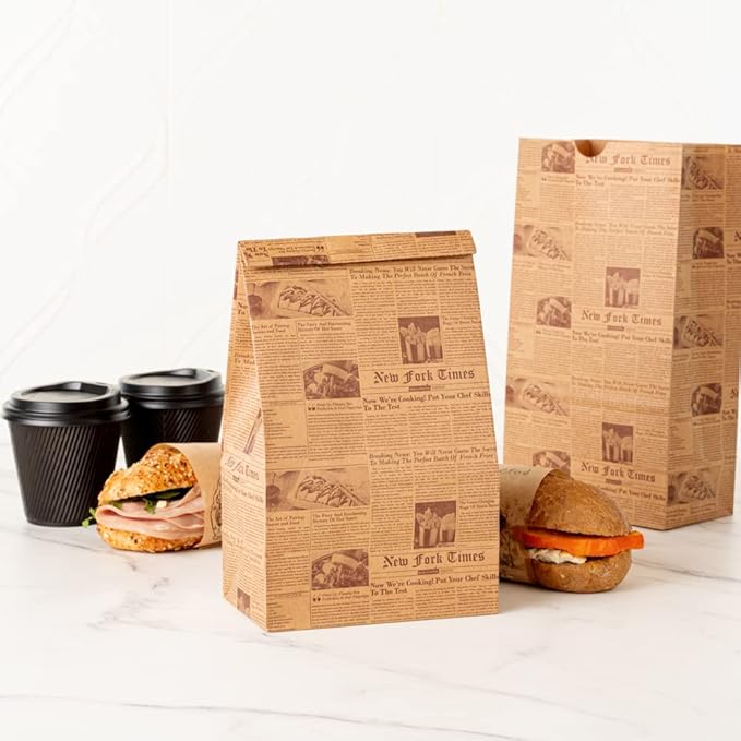 Restaurantware Bag Tek 6 Lb Disposable Lunch Bags 100 Sturdy Take Out Bags - Flat Bottom Microwavable Kraft Newsprint Design Paper Bags Freezable Great For Restaurants Cafes And Bakeries