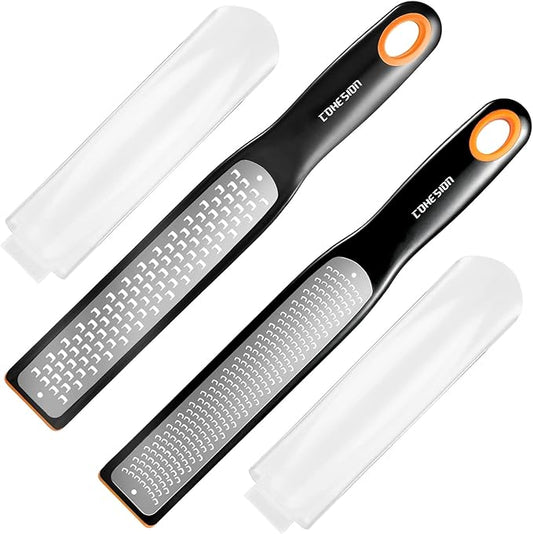 Cohesion Etched Zester & Grater Set of 2 - Kitchen Zester Tool for Lemon, Cheese, Garlic, Ginger, Nutmeg, Chocolate, Fruits, Vegetables - Sharp Premium Stainless Steel Blade with Protective Cover