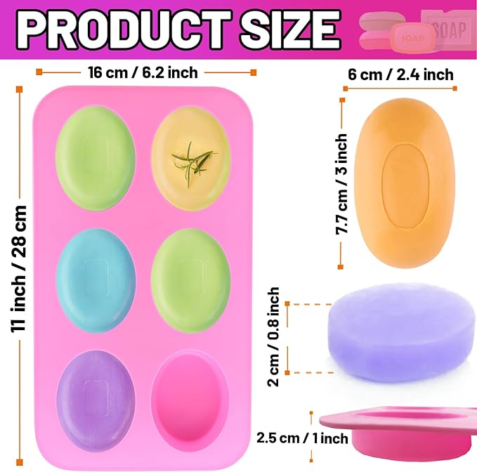Silicone Soap Molds, Oval & Rectangle Soap Bar Mold, 6 Cavities DIY Mould for Homemade Craft Soap, Pudding, Muffin, Chocolate, Brownie, Cornbread, Cheesecake, Cake & Ice Cube - Just Pop Out