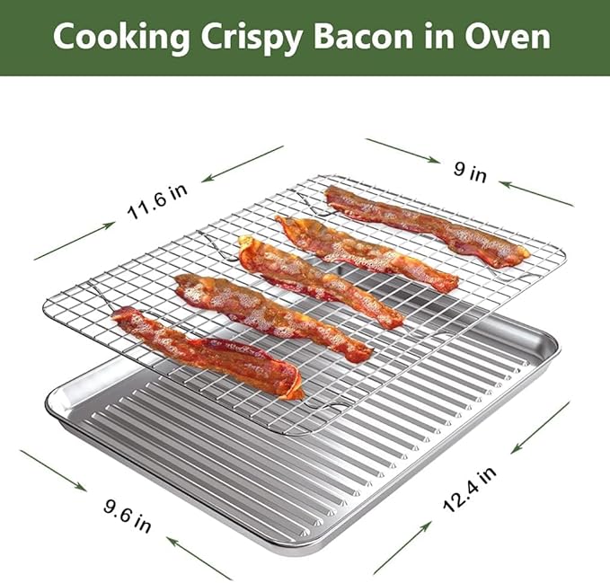 ROTTAY Quarter Baking Sheet Pan with Wire Rack Set [2 Pans + 2 Racks], Stainless Steel Cookie Sheet for Oven, Warp Resistant & Heavy Duty & Rust Free, Size 12 x 10 x 1 Inches