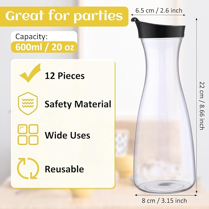 Xinnun 12 Pcs Water Carafe with Flip Top Lid Plastic Carafe with Black Lid Clear Plastic Water or Juice Beverage Pitcher Beverage Pitcher Jug for Restaurant Party School Bar Juice Milk Coffee (20 oz)