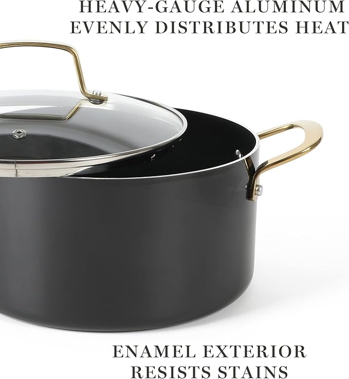 Martha Stewart Lockton 14 Piece Premium Non-Stick Heavy-Gauge Aluminum Cookware Combo Set (Pots, Pans, and Tools) - Black w/Gold Handles