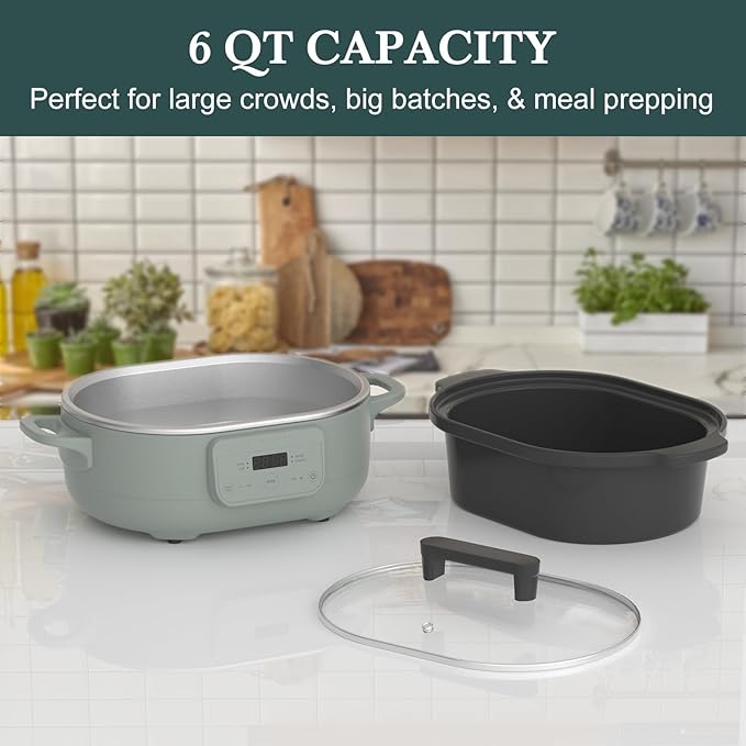 6 Quart Programmable Slow Cooker Removable Healthy Nonstick Crock Pot - Small Kitchen Appliance for Family Dinners - Serves 6+ People - Heat Settings: Keep Warm Olive Olive