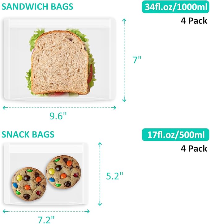 Reusable Sandwich Bags & Snack Bags Set, 8 Pack, 100% Silicone Reusable Storage Bag, Soft Shell Ziplock Silicone Food Storage Containers, Freezer Microwave Oven Dishwasher Safe, Translucent