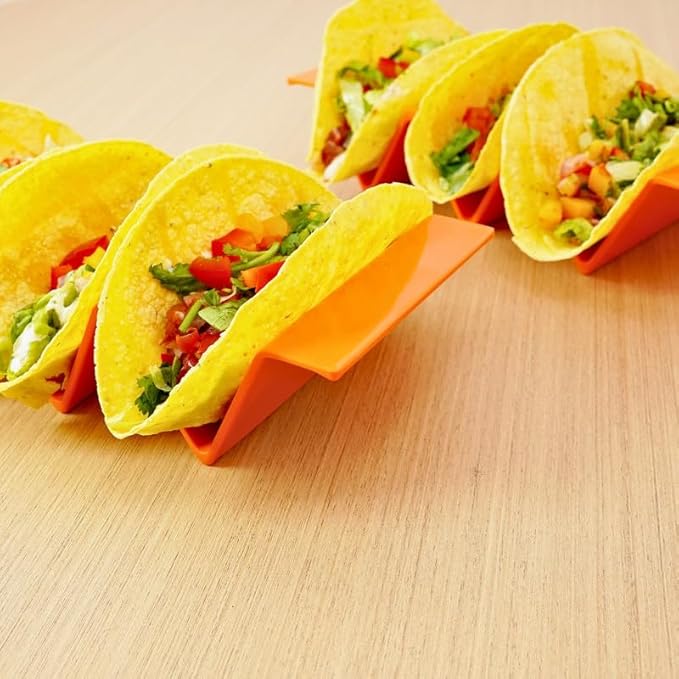 TP Taco Holder Stands, Set of 2 Melamine Large Taco Serving Rack Tray with Handle, Holds 3 Tacos, Dishwasher Safe, Ideal for Taco Night, Party, Home, Fiesta, Orange