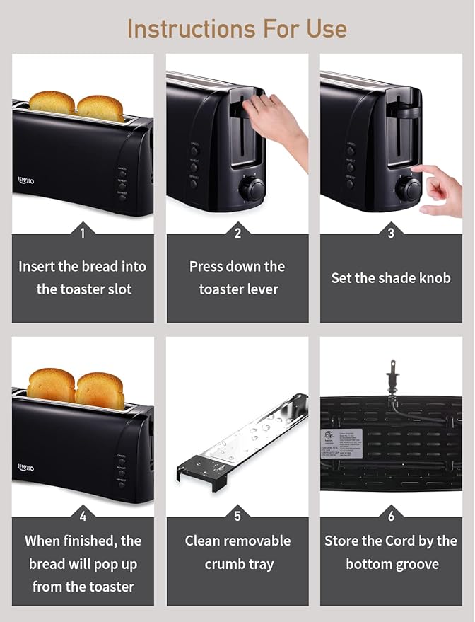 JEWJIO Slim Compact 2 Slice Toaster with Wide Long Slot - Vintage Black, 1000W, Defrost/Reheat/Cancel, 6 Shade Settings, Removable Crumb Tray for Bagels & Waffles