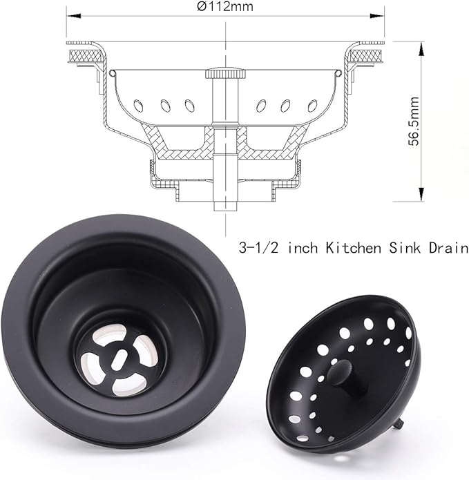 KONE 3-1/2 Inch Kitchen Sink Stainless Steel Basket Strainer Water Stopper with Drain Assembly, Black Finish Rustproof and Durable