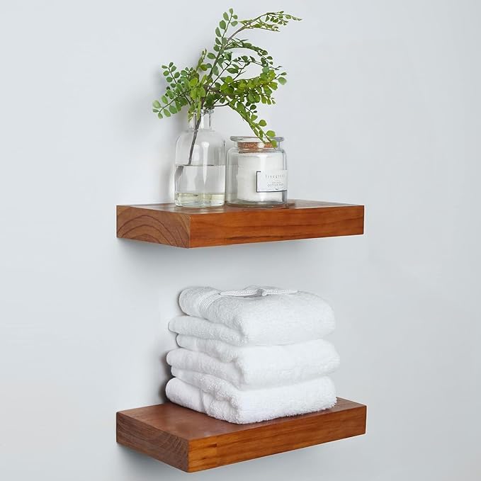 Homeforia 12 inch Oak Floating Shelf, High End Solid Real Wood 12inch Small Floating Shelves for Wall Mounted, Honey Oak Wooden 12in Floating Shelves, Heavy Duty Bracket, 12 X 6.5 X 1.75 in, Set of 2