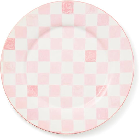MACKENZIE-CHILDS Round Platter, Dishwasher-Safe and Microwave-Safe Stoneware Serving Platter, Pink Check