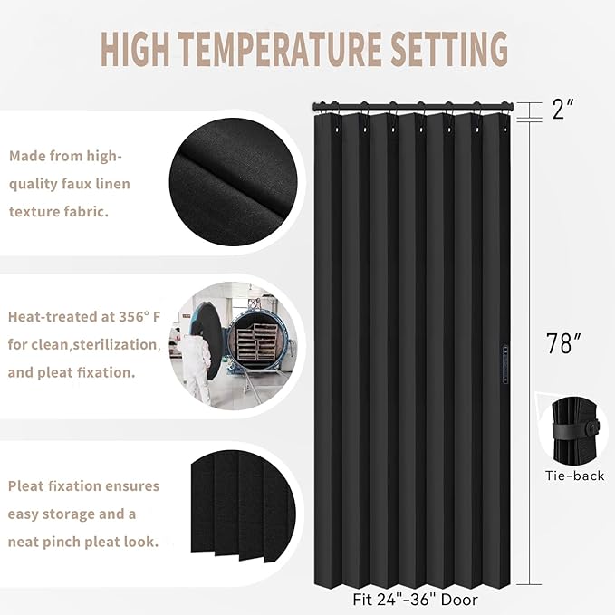 Vatge Closet Door Curtain Room Divider Drapes, Pleated Folding Style Curtains for Doorways Curtain for Bedroom Without Door,1 Panel with Tieback, W39 x L78, Black