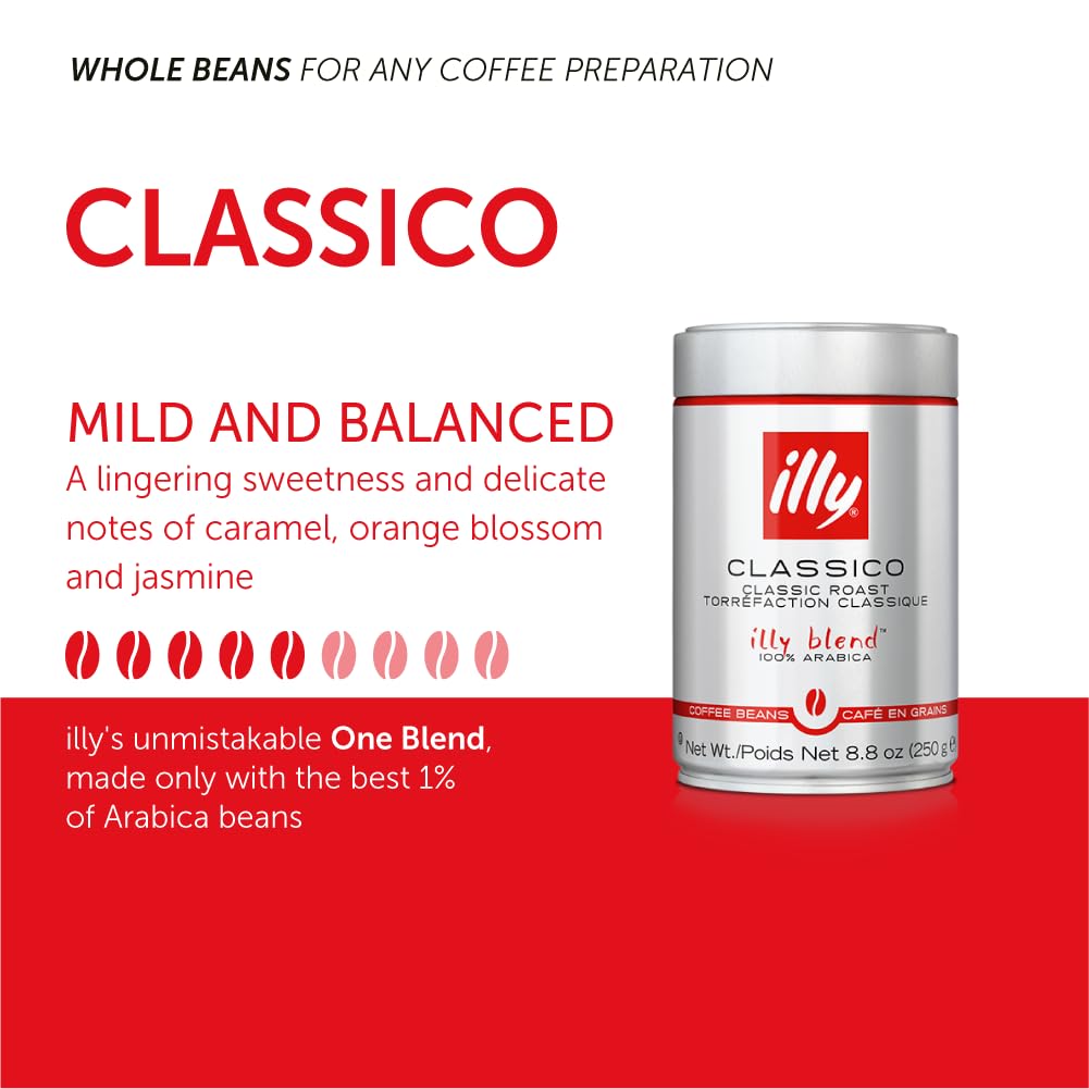 Illy Classico Whole Bean Coffee, Medium Roast, Classic Roast With Notes Of Caramel, Orange Blossom And Jasmine, 100% Arabica Coffee, No Preservatives, 8.8 Ounce Can (Pack Of 1)