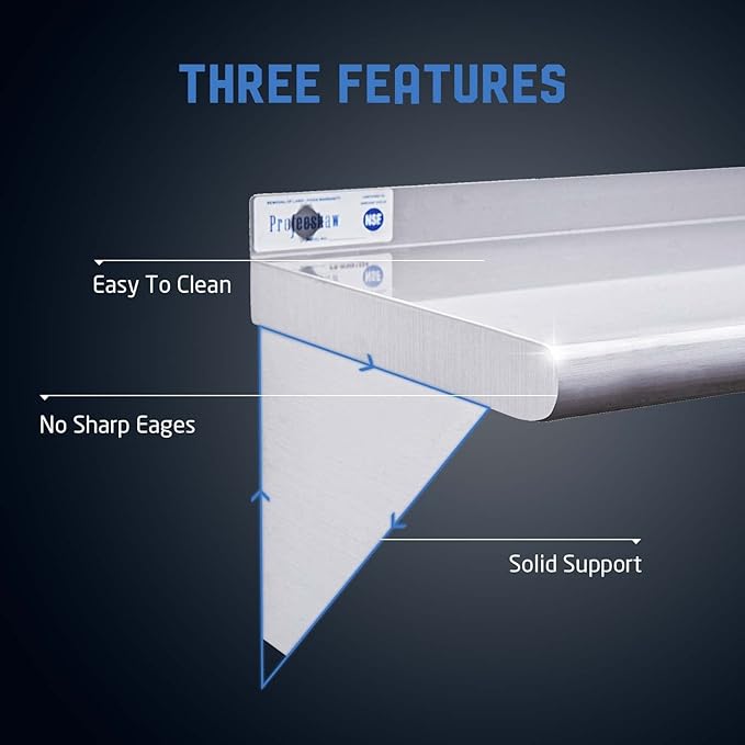 Profeeshaw NSF Stainless Steel Shelf 14” x 24”, 250 lb Commercial Shelves Wall Mounted Metal Shelving with Backsplash and 2 Brackets for Restaurant, Bar, Utility Room, Kitchen and Garage