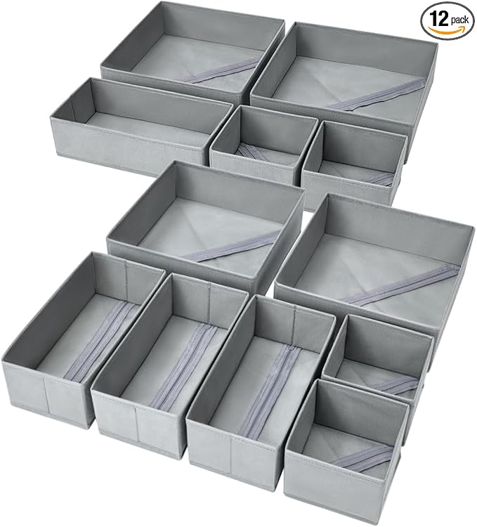 DIMJ Drawer Organizer Clothes, 12 Pack Dresser Organizer, Foldable Closet Organization and Storage Dividers, Fabric Dresser Drawer Organizers for Underwears, Nursery, Baby Clothes, Socks, Tie (Grey)