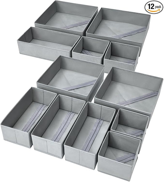 DIMJ Drawer Organizer Clothes, 12 Pack Dresser Organizer, Foldable Closet Organization and Storage Dividers, Fabric Dresser Drawer Organizers for Underwears, Nursery, Baby Clothes, Socks, Tie (Grey)