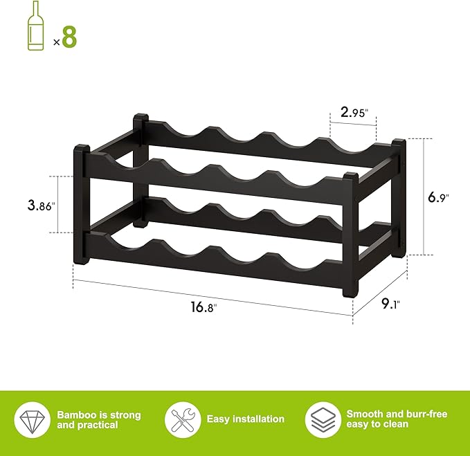 BMOSU Bamboo Wine Rack Wine Storage Cabinet Shelf 8 Bottle Wine Racks Countertop Sturdy for Kitchen Dining Room Pantry - 2 Tiers Wine Rack (Black)