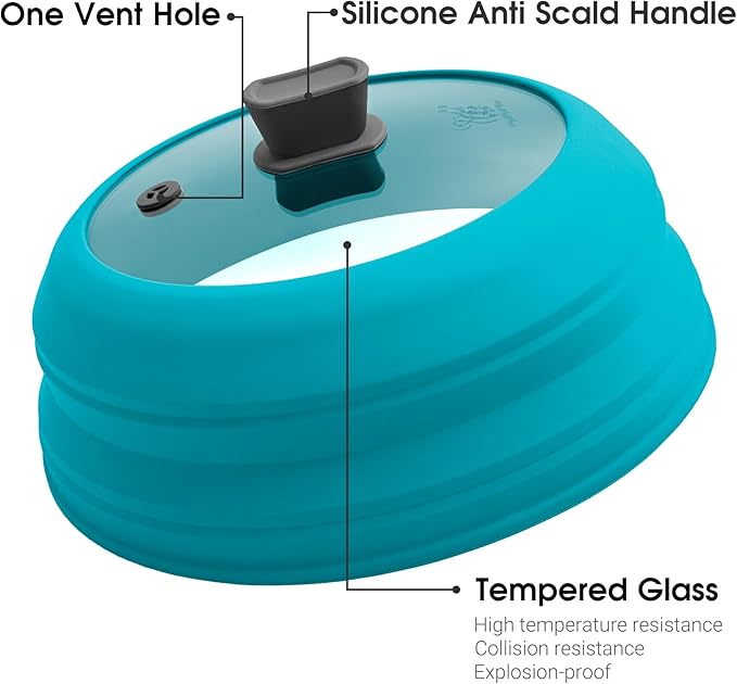 Microwave Splatter Cover Glass Microwave Cover for Food Collapsible Splatter Guard Lid with Silicone Handle for Pot Plate Bowl 11.8 Inch Blue