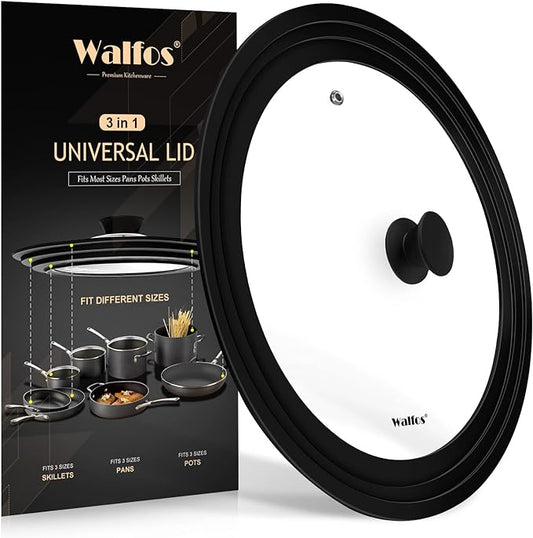 Universal Lid for Pots, Pans and Skillets - Walfos Tempered Glass Pan Lid with Heat Resistant Silicone Rim, Multi-Sizes BPA Free Pot Lids Fits 8", 9" and 9.5" Diameter Cookware, Dishwasher-Safe, Black