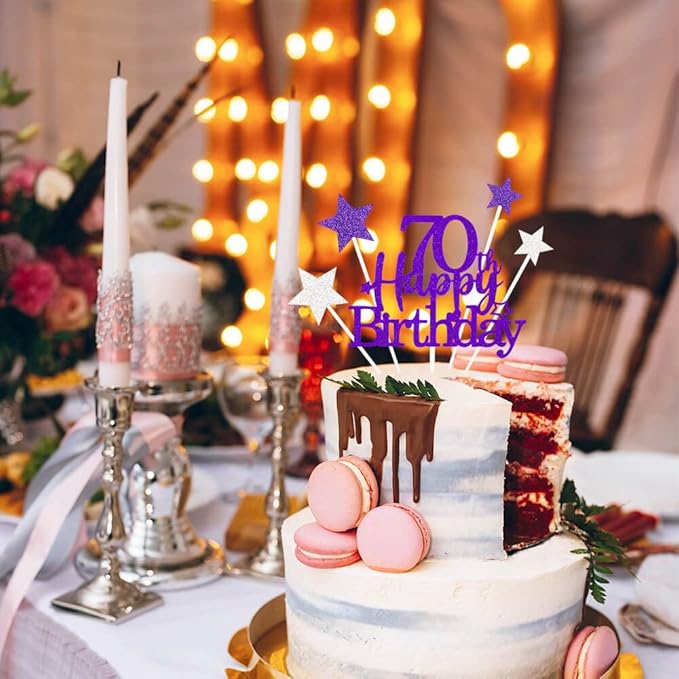 Glittery 70th Happy Birthday Cake Topper with Star,Personalised 70 Birthday Cake Toppers Party Decorations Party Supplies for Men Women Purple Silver