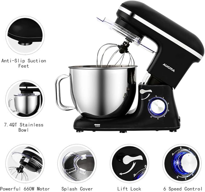 Aucma Stand Mixer,7.4QT Food Mixers, Kitchen Electric Mixer with Dough Hook, Wire Whip & Beater(Black, 7.4QT)