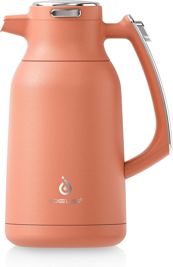 IDEUS Thermal Coffee Carafe 68oz (2,000ml), Stainless Steel Double Wall Insulated Vacuum Flask, Water Jug Coffee Server and Beverage Dispenser, Heat and Cold Retention (Coral, 68oz (2,000ml))