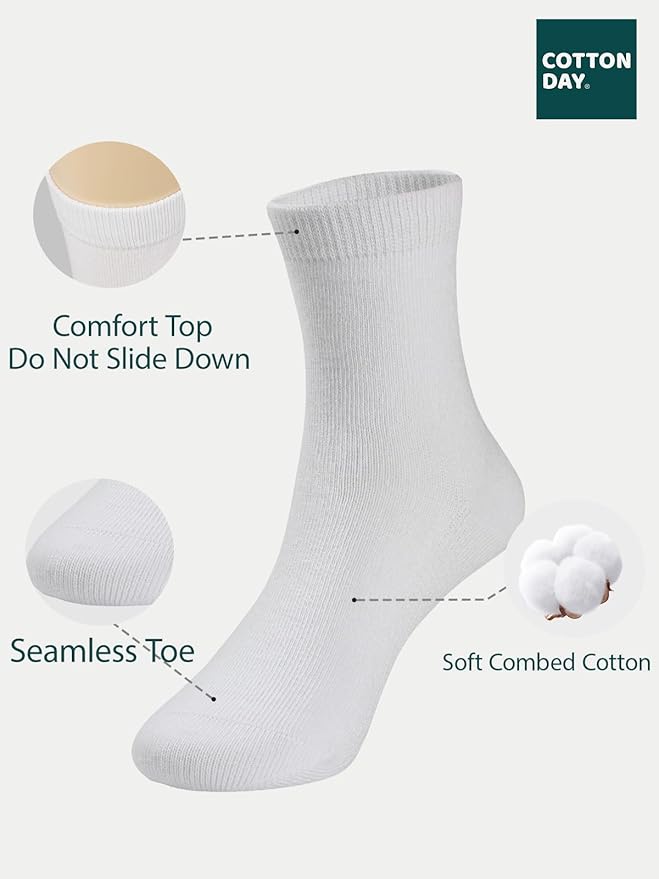 COTTON DAY Unisex Little Kids Youth Boys Girls Soft Cotton Crew Dress Socks Seamless Toe Black White Gray Navy 6 Pack