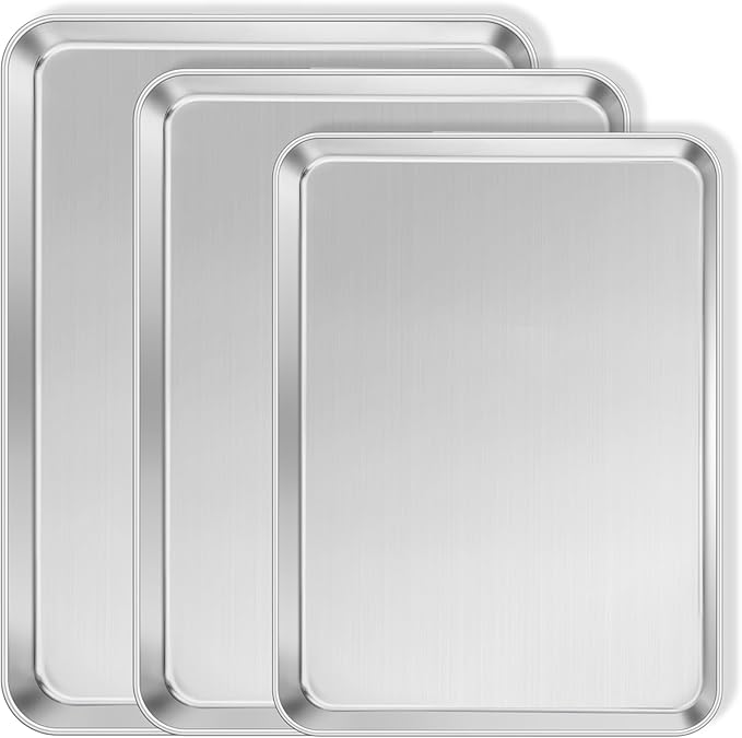 3Pack Cookies Sheets for Baking, Leonyo Stainless Steel Baking Sheets Pans, 1Inch Deep Metal Quarter Sheet Pan Tray for Cookies, Dishwasher Safe
