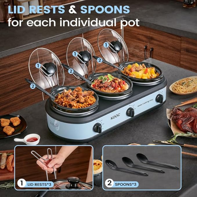 KOOC Triple Slow Cooker Buffet Server and Food Warmer 3x1.5 Quart Individual Temp Control With Lid Rests & Spoons With Liners Included Blue Grey