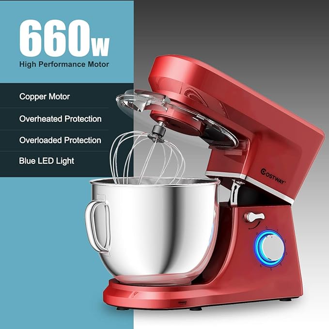 COSTWAY Stand Mixer, 6-Speed 7.5 QT Tilt-head Electric Kitchen Food Mixer 660W with Stainless Steel Bowl, Dough Hook, Beater, Whisk