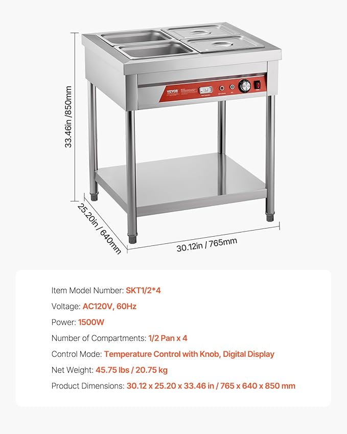 VEVOR 4-Pan Commercial Food Warmer, 4 x 1/2 Pans Electric Steam Table, 1500W Professional Buffet Catering Food Warmer with Undershelf, Stainless Steel Server for Restaurant Party Hotel