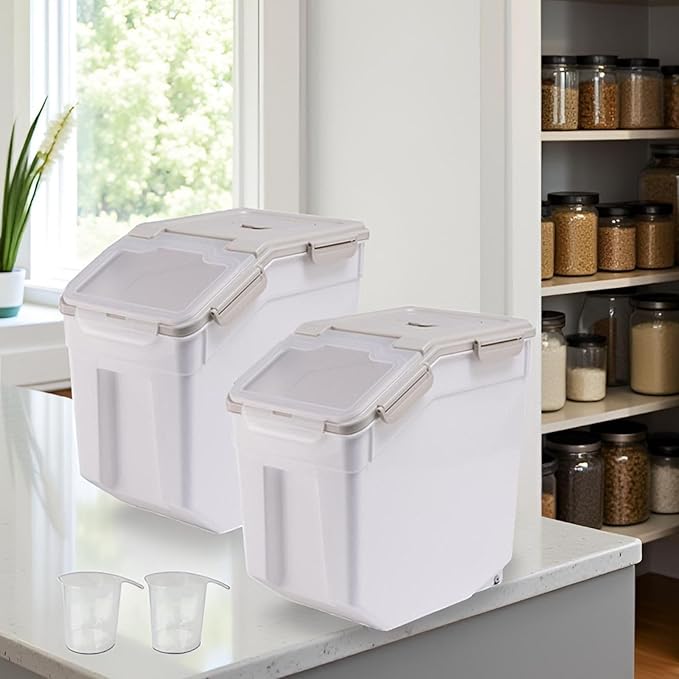 Airtight Flour Storage Container Bin 50lbs (2 Pack) - BPA Free Rice & Food Dispenser with Locking Lid, Measuring Cup & Scoop - Kitchen Pantry Organizer for Cereal, Grain, Pet Food (Grey)