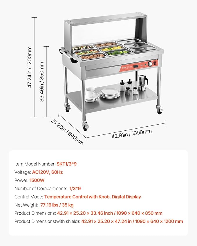 VEVOR 9-Pan Commercial Food Warmer, 9 x 1/3 Pans Electric Steam Table, 1500W Professional Buffet Catering Food Warmer with Shield Undershelf Wheels, Stainless Steel Server for Party Restaurant