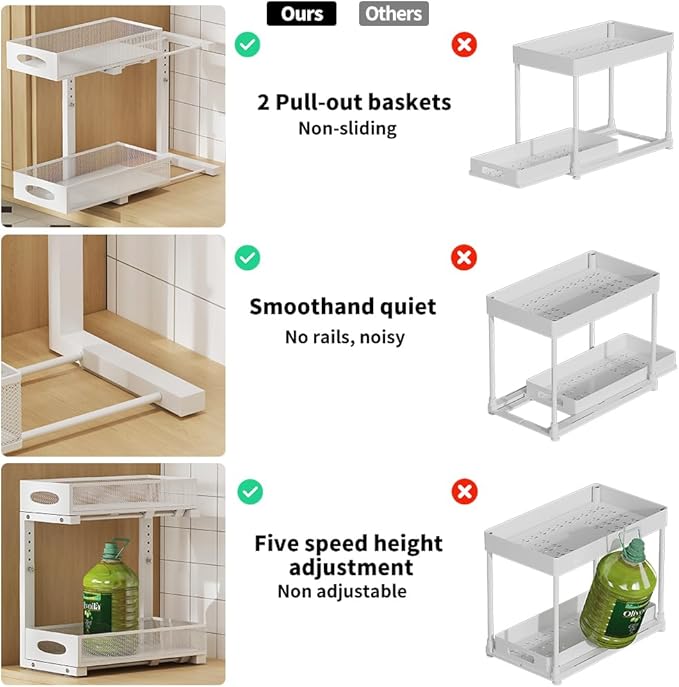 2-pack under sink organizer, 2-tier under sink organizer and storage, slide-out pull-out cabinet organizer with mesh metal sliding drawer for home kitchens, bathrooms, pantries (white)