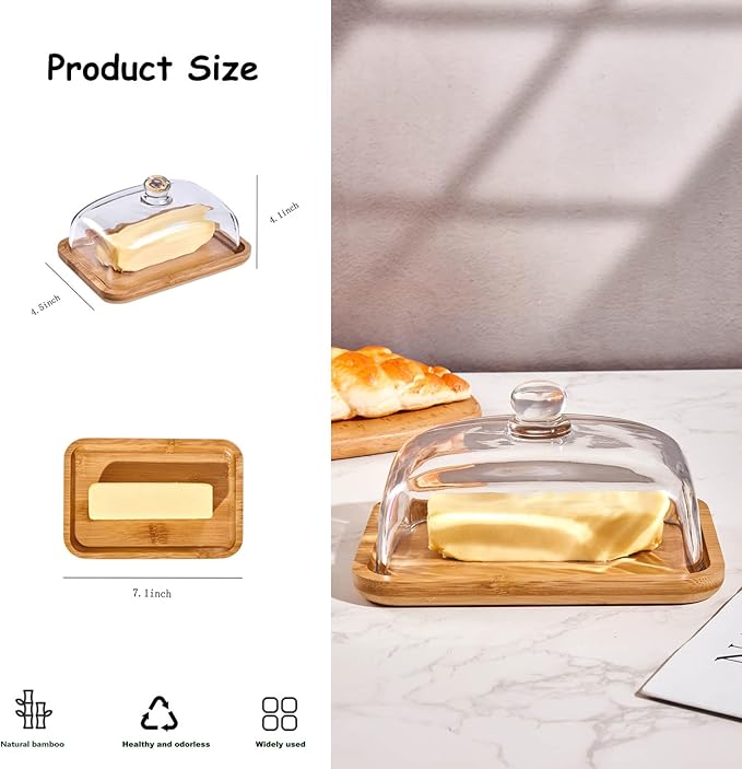 butter dish with lid, glass airtight lid keeps butter soft, for countertop and refrigerator. Widened design to fit all butters. Covered butter dishes with, Made of glass and bamboo.