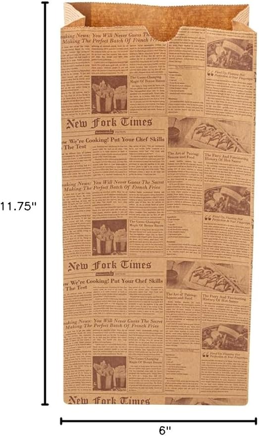 Restaurantware Bag Tek 8 Lb Disposable Lunch Bags 100 Sturdy Take Out Bags - Flat Bottom Microwavable Kraft Newsprint Design Paper Bags Freezable Great For Restaurants Cafes And Bakeries