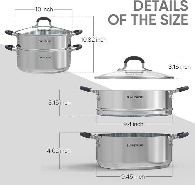 Sunhouse - 4.6 Quarts Steamer Pots With Lid 2-Tier Multipurpose Stainless Steel Steaming Pot Cookware For Vegetable, Dumpling, Sauce, Food - Triple Bottom, Measurement Line