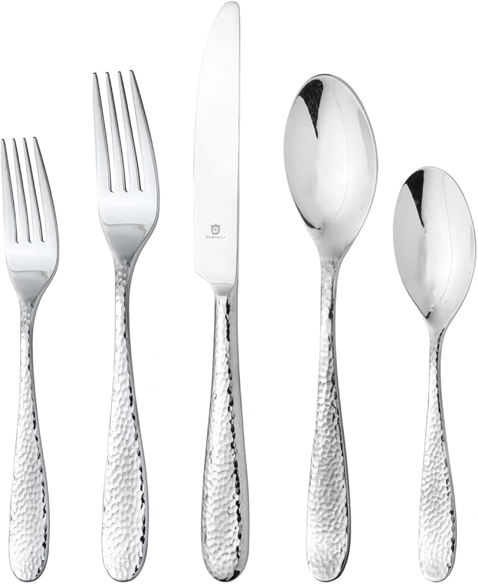 Hammered Silverware Set | Premium 18/10 Stainless Steel Flatware Service for 16 | Heavy-Duty & Dishwasher Safe | Built to Last (80-Piece, Fidenza Hammered)