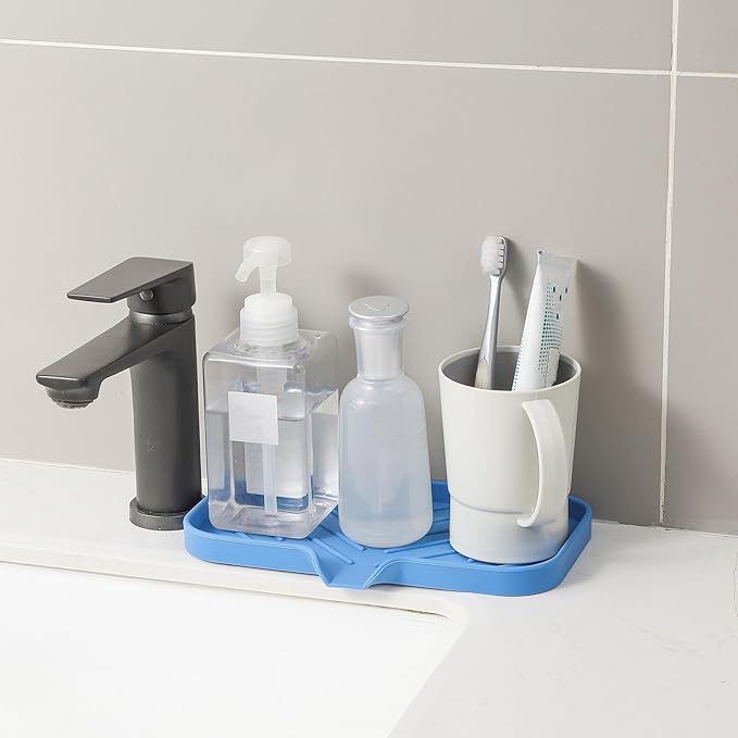 Silicone Bathroom Soap Dishes with Drain Spout Bathroom and Kitchen Sink Organizer,Sponge Holder,Dish Soap Tray,Perfect for Dispenser,Scrubber,Bottle,Cup on Counter Lichen Blue 9.6"×5.3"