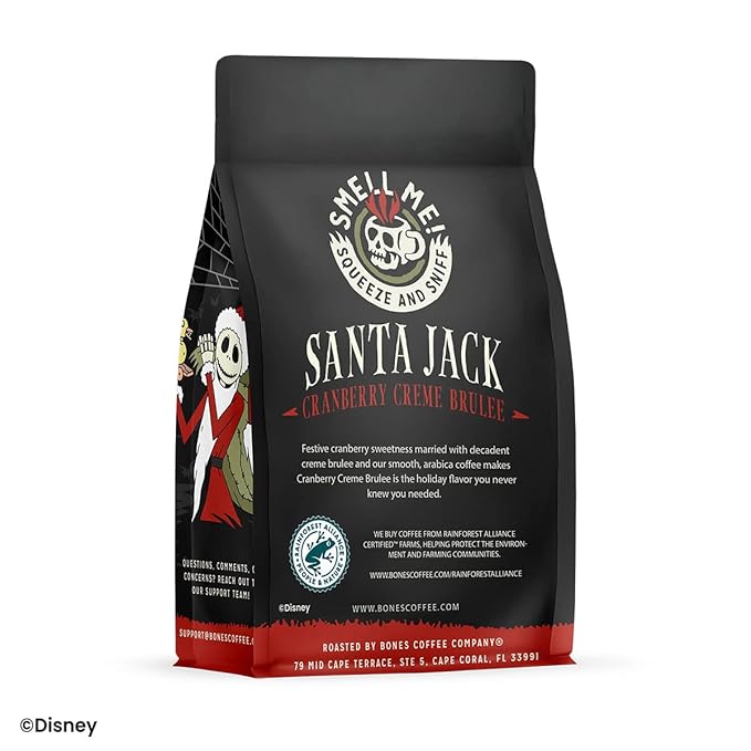 Bones Coffee Company The Nightmare Before Christmas Santa Jack Flavored Coffee Beans, Medium Roast Ground Coffee Low Acid, Cranberry Creme Brulee Flavor (12 oz)