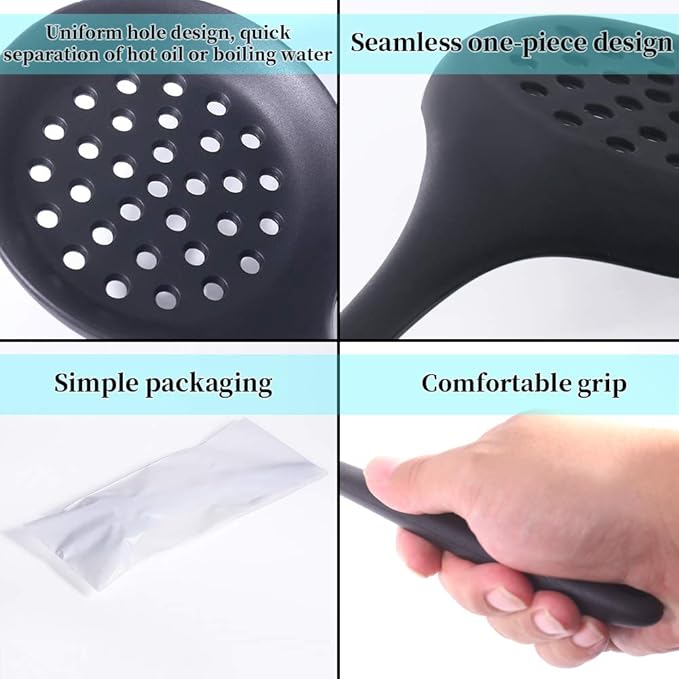 77L Slotted Spoon, Heatproof Skimmer Strainer Slotted Spoon, Seamless One-Piece Non-Stick Cooking Silicone Scoop Ladle with Ergonomic Handle for Filter Vegetable, Pasta and More (Black)