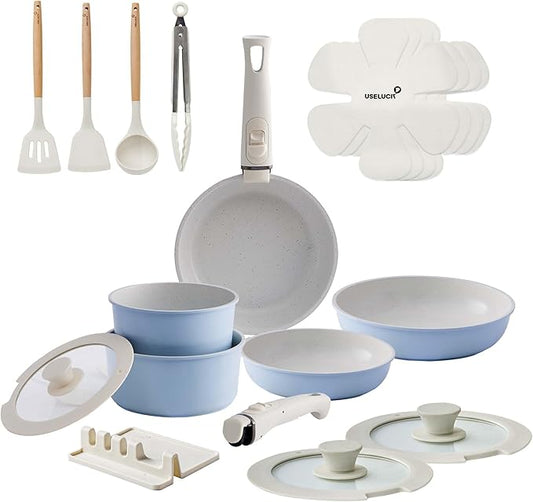 Pots and Pans Set Healthy Non toxic Non Stick Ceramic Cookware Set 21 Pcs Detachable Handles, Oven Safe, Induction Dishwasher, Stackable Frying Pan (PFOS, PFOA Free),Blue