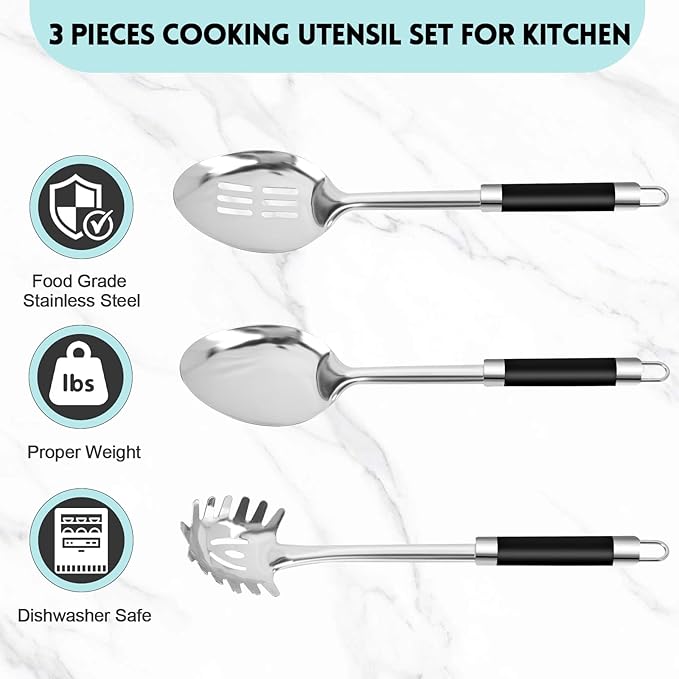 3-Piece,Stainless Steel Serving spoons set with Slotted Spoon, Serving Spoon and Spaghetti Spoon, kitchen cooking serving utensils set cooking spoon.