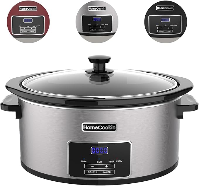 HOMECOOKIN 6-Quart Digital Programmable Slow Cooker with Timer - Small Kitchen Appliance for Family Dinners - Serves 6+ People - Heat Settings: Keep Warm, Low and High