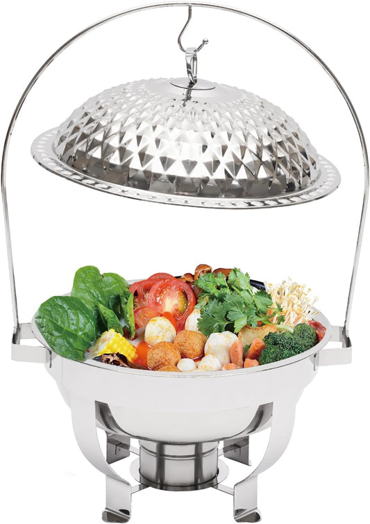 Chafing Dish Buffet Set, Stainless Steel Hanging Lid Dining Stove, Roll Top Chafing Dish Buffet Diamond-Shaped Lid and Round Stand for Buffet Restaurants and Banquets (Silver, 4.5L/4.76Qt)