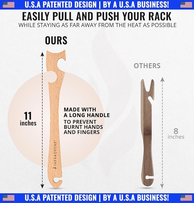 Wooden Oven Rack Puller Stick, Push Pull Tool with Longer Handle Ideal for Kitchen Oven, Convection and Toaster Ovens, Air Fryer and Small Kitchen Appliances by INFRAOVENS