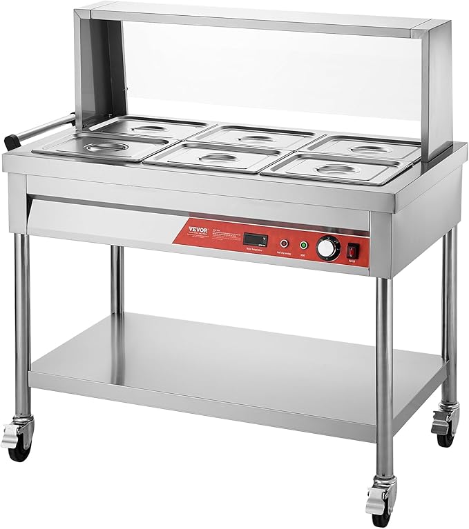 VEVOR 6-Pan Commercial Food Warmer, 6 x 1/2 Pans Electric Steam Table, 1500W Professional Buffet Catering Food Warmer with Shield Undershelf Wheels, Stainless Steel Server for Party Restaurant