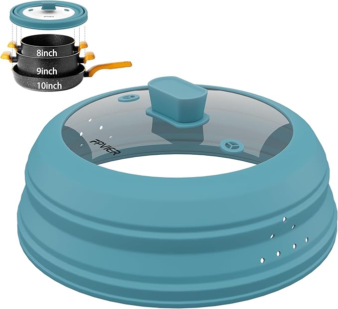 Microwave Splatter Cover, Vented Silicone and Glass Cover Splatter Guard Lid, Food Collapsible Plate Cover Lid with Easy Grip Handle. (Blue, 10.8 inch)