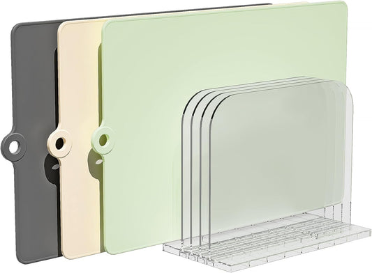 TPU Cutting Boards for Kitchen with Storage Stand, Plastic Chopping Board Set of 3, Flexible Cutting Mat Double Sided Food Grade, Dishwasher Safe Chopping Meat, Veggies, Fruits, Camping, BPA Free