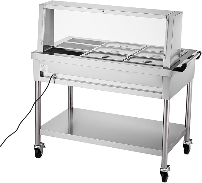 VEVOR 9-Pan Commercial Food Warmer, 9 x 1/3 Pans Electric Steam Table, 1500W Professional Buffet Catering Food Warmer with Shield Undershelf Wheels, Stainless Steel Server for Party Restaurant