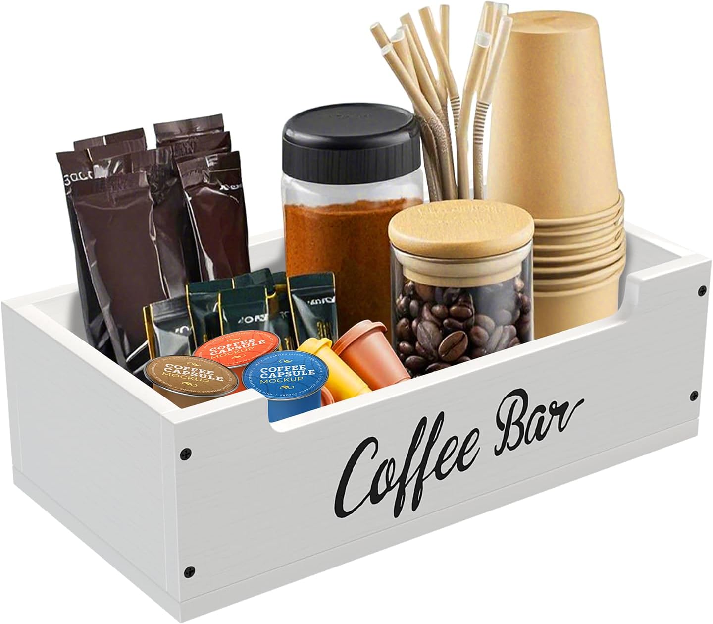 Coffee Pod Bar Station Wooden 13" X 7" X 4" Organizer Box for Countertop, Counter Top Tea Espresso Cup Wood Storage Box, White