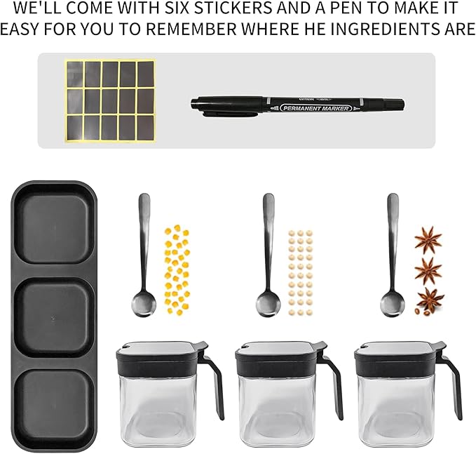 XIUDI Glass Spice Jars(3 piecesset)，Seasoning Containers with 304 Stainless Steel Lids and Spoons，Clear Glass Condiment Canisters Pots Seasoning Box Salt Container Sugar Bowl，for Kitchen,